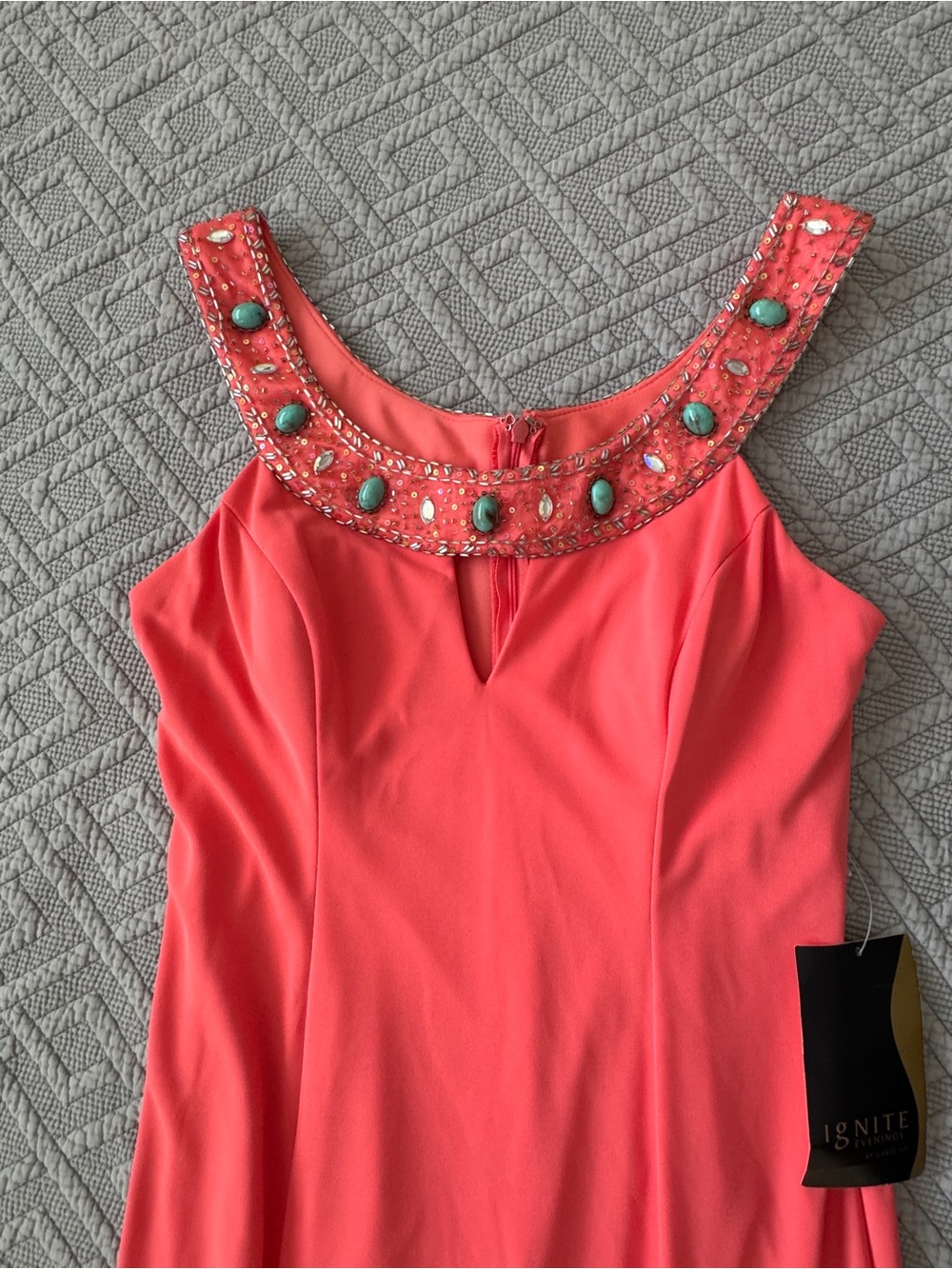 NWT 1990s Embellished Coral Evening Gown with Faux Turquoise Stones